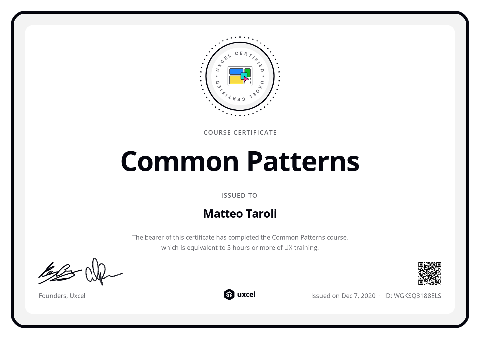 Matteo Taroli's certificate